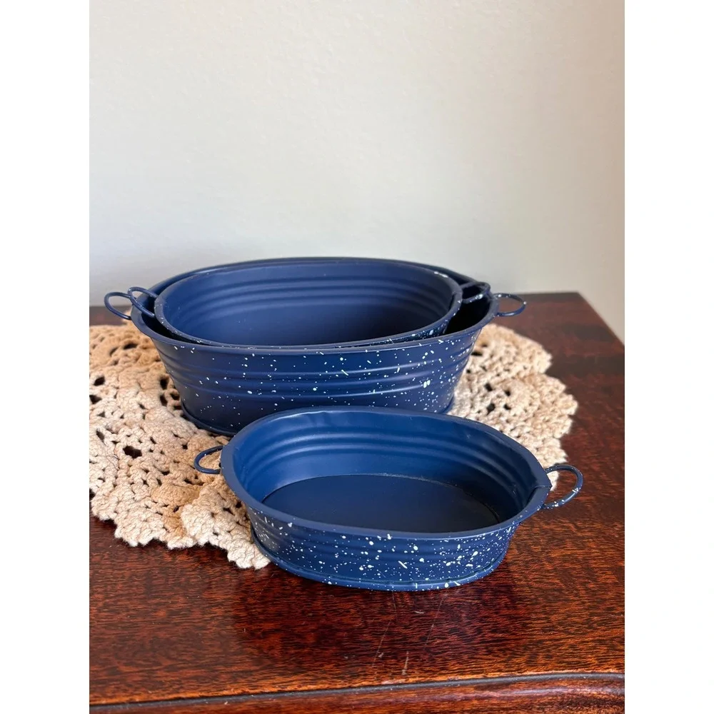 Vintage Miniature blue Enamelware nesting stackable wash laundry bins